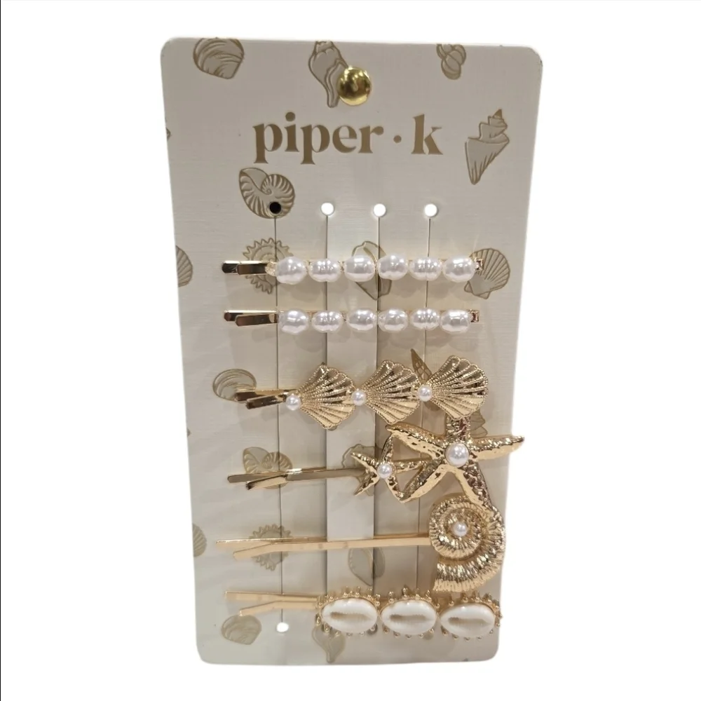 💛▪️Piper K ▪️Gold and White Hair Clip Set Of 6 Nautical Goldtone Clips